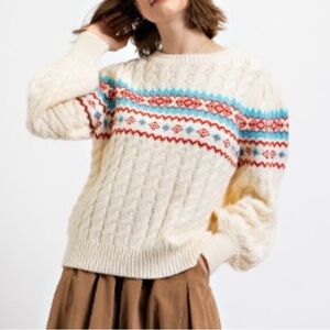 Easel Fair Isle Cream Cable Knit Sweater Size S